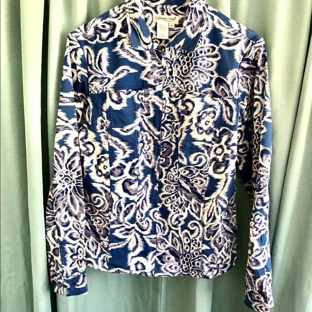Coldwater Creek Indigo Ikat Print Zip Cotton Jacket